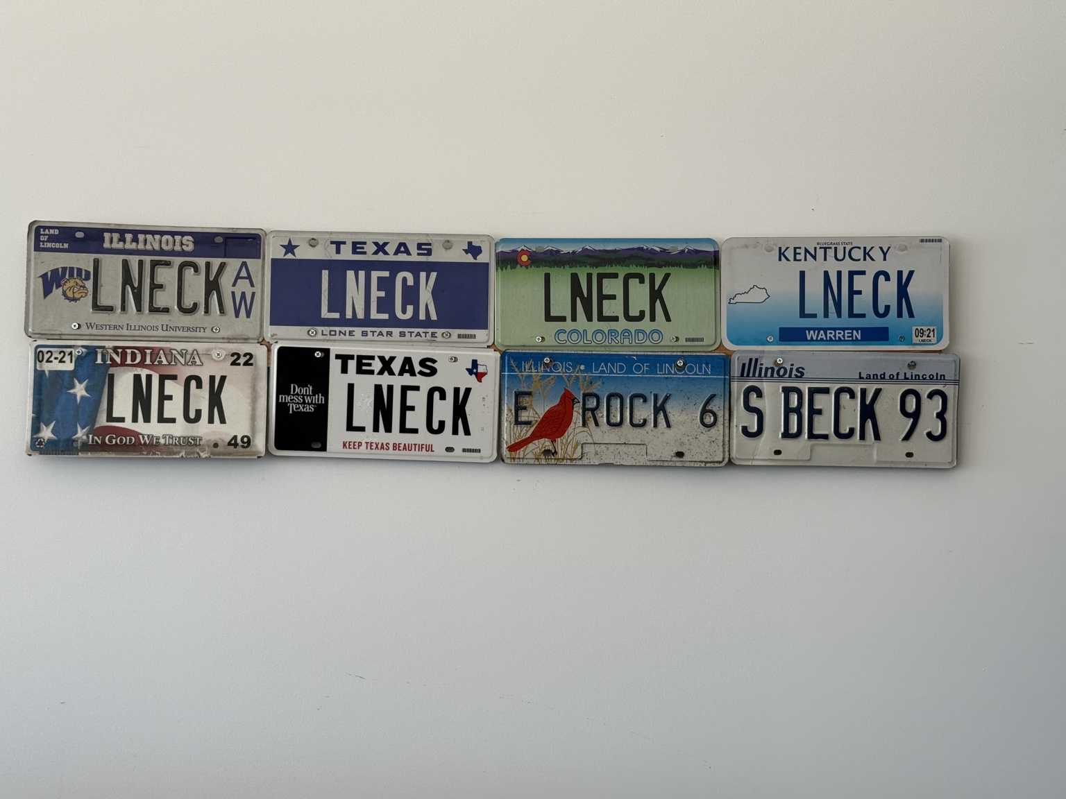 Steve's collection of license plates from Illinois, Texas, Colorado, Kentucky and Indiana